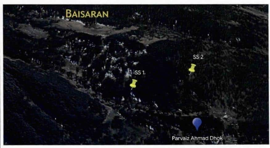 Satellite image of Baisaran showing suspected sites marked SS1 and SS2 near Parvaiz Ahmad Dhok area.