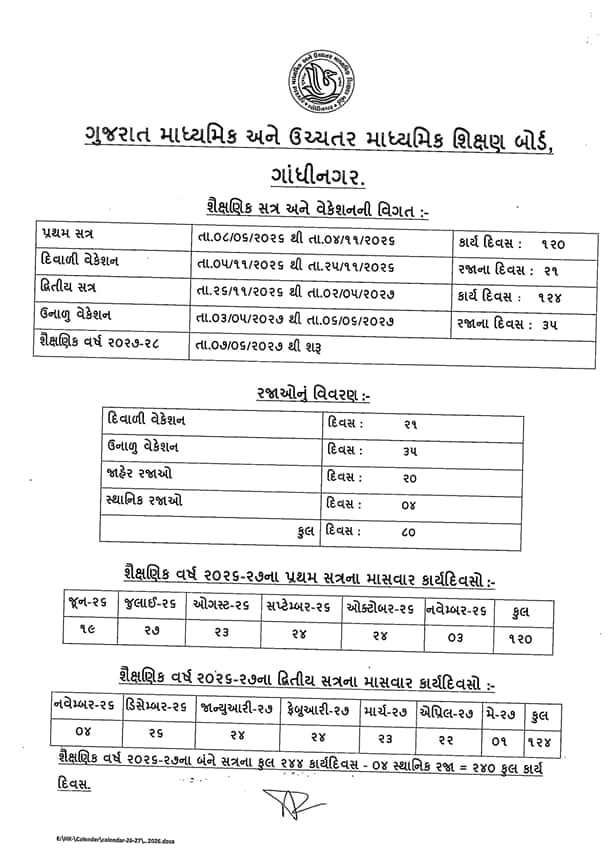 ગુજરાત બોર્ડનું 2026-27 નું નવું કેલેન્ડર જાહેર! ધોરણ 10-12 ની બોર્ડની પરીક્ષાઓ વહેલી લેવાશે, જાણો રજાઓની વિગત