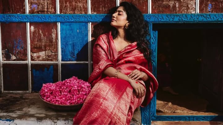 Sai Pallavi looks absolutely ethereal in this elegant Kanchivaram saree featuring intricate woven detailing and a soft golden sheen. Styled with delicate gold jewellery, loose wavy hair, and minimal makeup, her look feels graceful, timeless, and effortlessly royal. (Image Source: Instagram)