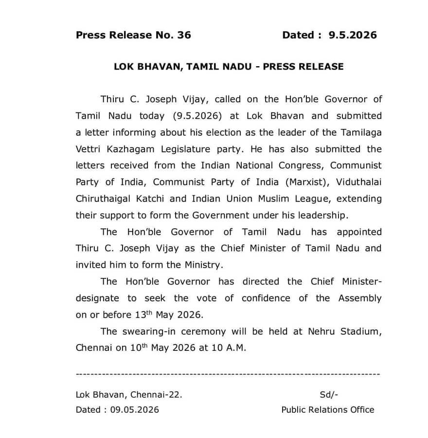Vijay To Take Oath On May 10 As Tamil Nadu CM At 10 AM