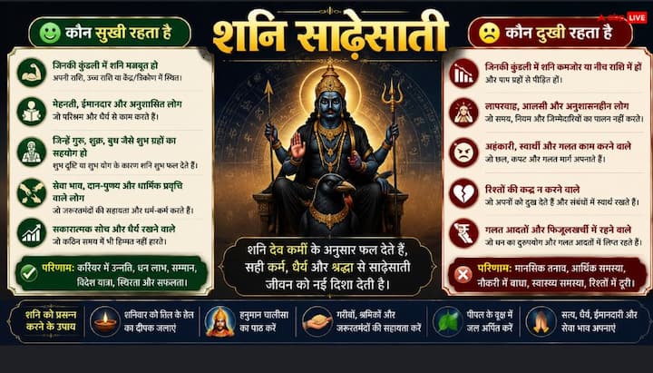 ज्योतिष शास्त्र कहता है कि जो लो अपने जीवन में अनुशासित रहते हैं, मेहनत करने से पीछे नहीं हटते, अपने से नीचे स्तर वालों को परेशान नहीं करते, गलत संगत में नहीं होते, उनके लिए शनि की साढ़ेसाती कम दुखदायी होती है. दुख आते भी हैं तो खुशियों का डोज उन्हें बैलेंस कर देता है.