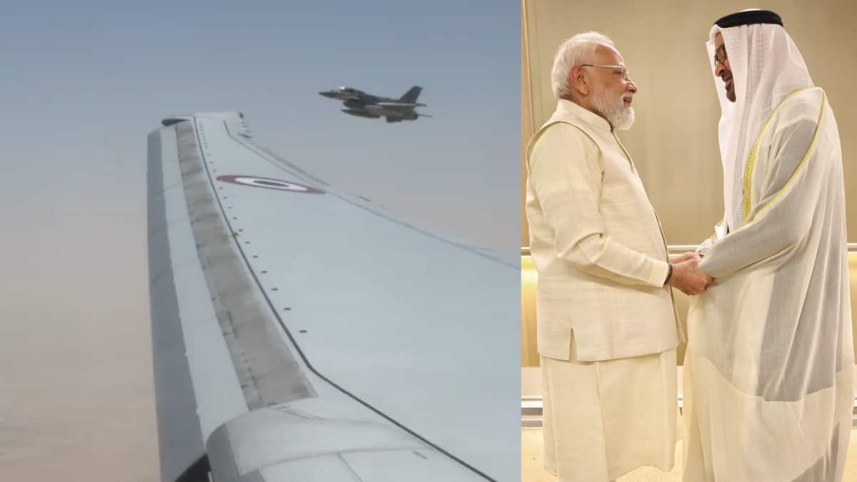 PM Modi UAE Visit: UAE வானில் நுழைந்த இந்திய விமானம்; சுத்துப்போட்ட F16 போர் விமானங்கள்; கெத்தாக தரையிறங்கிய மோடி.!