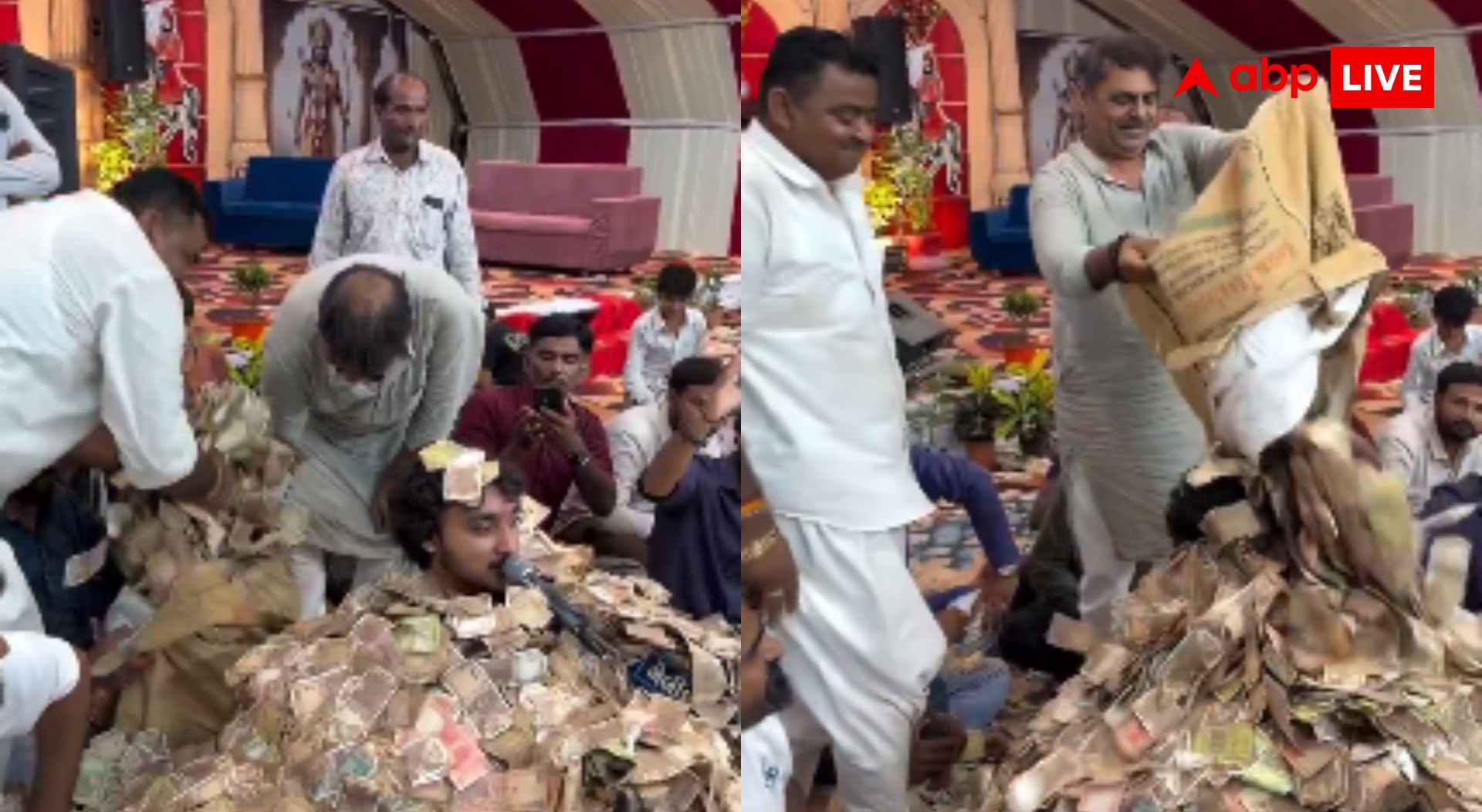 Gujarat Bhajan Singer Viral Video : नोटों के ढेर में दब गया भजन सिंगर, लोगों ने उड़ाए बोरा भर-भरकर नोट; वीडियो वायरल