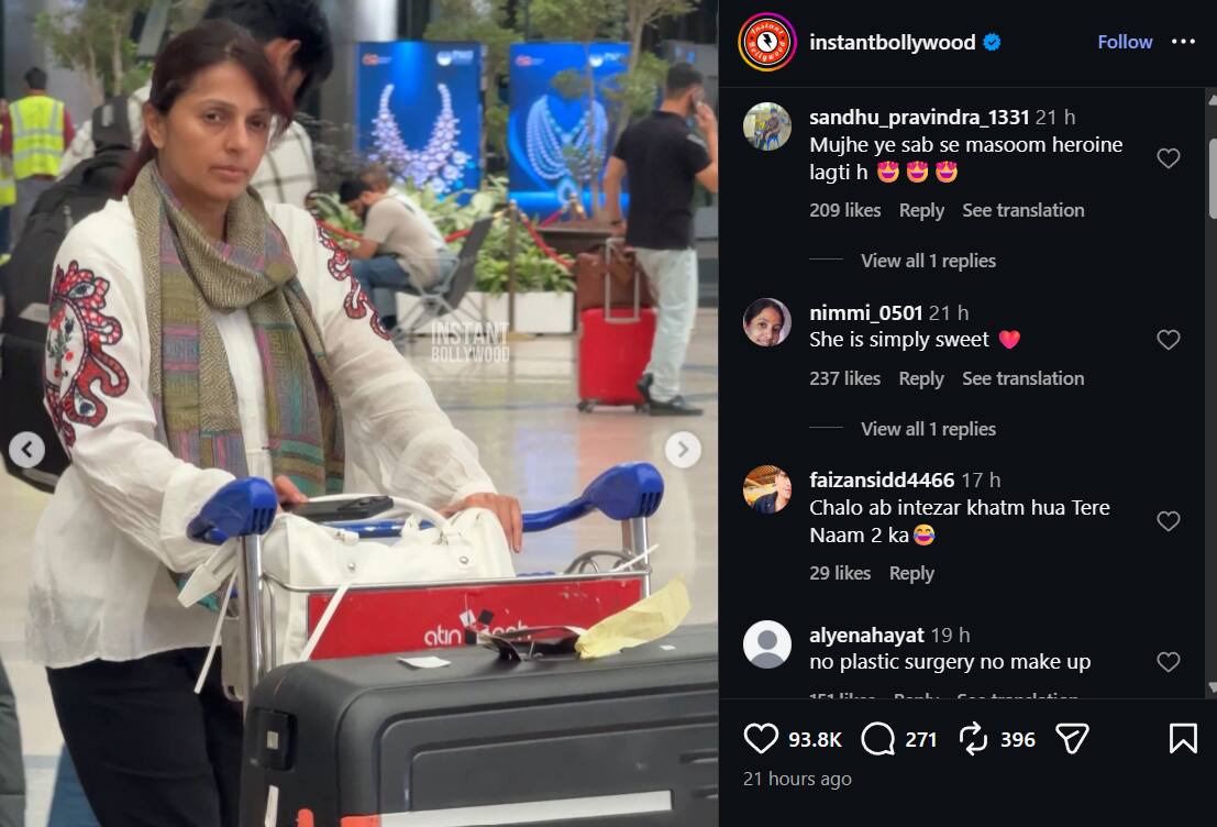 एयरपोर्ट पर स्पॉट हुईं 'तेरे नाम' एक्ट्रेस , सालों बाद भी बला की हसीन लगती हैं भूमिका चावला, फैंस बोलें- 'तेरे नाम 2' बनाओ