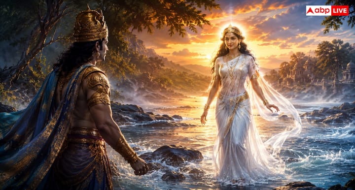 One day King Shantanu of Hastinapur was roaming on the banks of river Ganga. Then he saw an amazingly beautiful woman, who was Mother Ganga herself. Seeing her divine beauty the king was fascinated and proposed marriage. Ganga placed a condition that the king would never interfere in any of her work. The king accepted this promise.