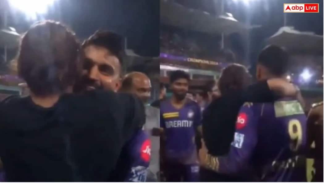IPL 2026 Shah Rukh Khan Hugging Manish Pandey And Introducing Him To Son Aryan Khan Video Goes Viral IPL 2026: शाहरुख खान ने क्रिकेटर मनीष पांडे को कसकर लगाया गले, फिर बेटे आर्यन खान से मिलवाया, वीडियो वायरल