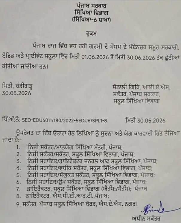 Punjab School Holiday: ਪੰਜਾਬ ਦੇ ਸਕੂਲਾਂ 'ਚ ਗਰਮੀ ਦੀਆਂ ਛੁੱਟੀਆਂ ਦਾ ਐਲਾਨ, 1 ਤੋਂ 30 ਜੂਨ ਤੱਕ ਸਰਕਾਰੀ-ਏਡੇਡ ਅਤੇ ਪ੍ਰਾਈਵੇਟ ਸਕੂਲ ਬੰਦ ਰਹਿਣਗੇ...