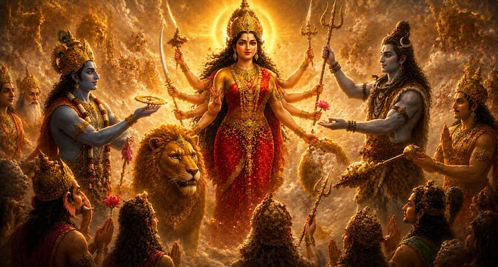 महिषासुर से युद्ध के लिए सभी देवताओं ने अपने दिव्य अस्त्र-शस्त्र देवी को अर्पित किए. भगवान शिव ने त्रिशूल, विष्णु ने सुदर्शन चक्र और इंद्र ने वज्र प्रदान किया. अन्य देवताओं ने भी अनेक शक्तियां और हथियार दिए. सिंह को देवी का वाहन बनाया गया, जिससे उनका स्वरूप और भी प्रभावशाली हो उठा.