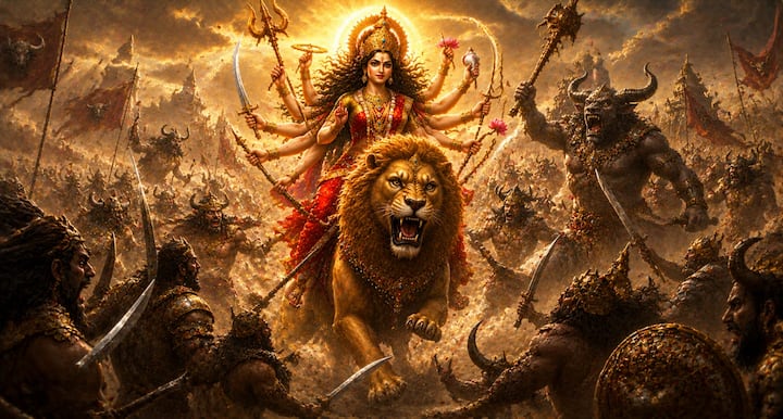 देवी दुर्गा सिंह पर सवार होकर युद्धभूमि में पहुंचीं. महिषासुर के सेनापति और असंख्य असुर सेना ने उनका मार्ग रोकने का प्रयास किया. भयंकर युद्ध आरंभ हुआ, जिसमें देवी ने अपने दिव्य अस्त्रों से अनेक राक्षसों का संहार किया. युद्धभूमि में देवी की शक्ति देखकर असुर सेना भयभीत होने लगी.