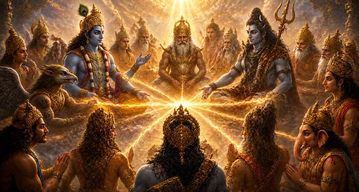 महिषासुर के अत्याचारों से परेशान होकर सभी देवता भगवान विष्णु और भगवान शिव के पास पहुंचे. उन्होंने अपनी समस्या बताई और समाधान मांगा. तब सभी देवताओं ने मिलकर आदिशक्ति की आराधना की. उनकी प्रार्थना और दिव्य तेज से एक महान शक्ति का प्राकट्य हुआ, जिन्हें देवी दुर्गा कहा गया.