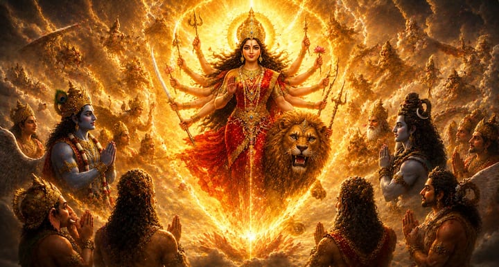 देवताओं के तेज से प्रकट हुई देवी दुर्गा अद्भुत और तेजस्वी थीं. उनके स्वरूप में अपार शक्ति और साहस झलक रहा था. उनका जन्म केवल महिषासुर के अत्याचारों का अंत करने के लिए हुआ था. देवी के प्रकट होते ही देवताओं में नई आशा और उत्साह का संचार हो गया.