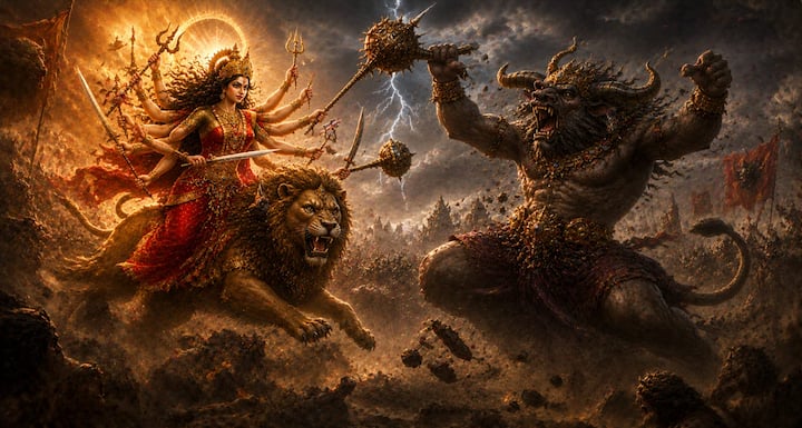 अंत में देवी दुर्गा ने अपने त्रिशूल और अन्य दिव्य अस्त्रों की सहायता से महिषासुर का वध कर दिया. उसके मरते ही तीनों लोकों में शांति स्थापित हो गई. देवताओं ने देवी की विजय का उत्सव मनाया और पुष्पवर्षा की. इसी महान विजय की स्मृति में मां दुर्गा को महिषासुरमर्दिनी के नाम से पूजा जाता है.