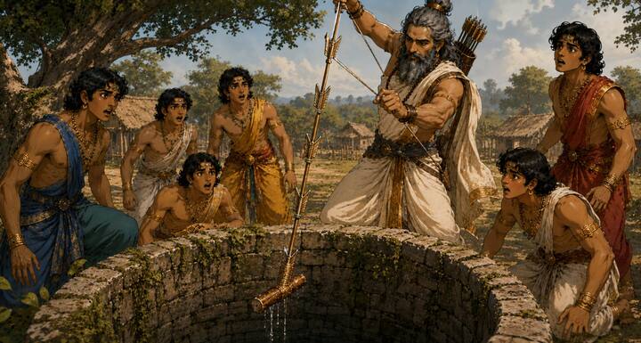 ब्राह्मण ने अपने अद्भुत कौशल का प्रदर्शन किया. उन्होंने तिनकों और बाणों की सहायता से पहले कुएँ से गुल्ली निकाली. फिर अपनी अंगूठी कुएँ में फेंककर उसे भी बाहर निकाल दिया. यह चमत्कारी दृश्य देखकर कौरव और पांडव आश्चर्यचकित रह गए.