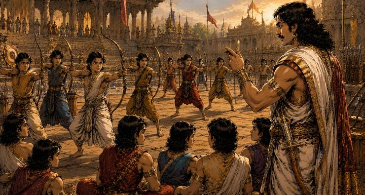 कृपाचार्य के मार्गदर्शन में कौरव और पांडव शिक्षा प्राप्त करने लगे. वे उन्हें शस्त्र संचालन, युद्धकला, नीति और अनुशासन का ज्ञान देते थे. सभी राजकुमार प्रतिदिन अभ्यास करते और अपने गुरु की आज्ञा का पालन करते हुए श्रेष्ठ योद्धा बनने का प्रयास करते थे.