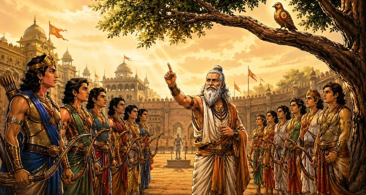 द्रोणाचार्य ने अपने सभी शिष्यों पांडवों और कौरवों की धनुर्विद्या की परीक्षा लेने का निश्चय किया. उन्होंने एक कृत्रिम गिद्ध को वृक्ष की ऊँची शाखा पर रखवाया और सभी राजकुमारों को एक-एक करके बुलाया. यह केवल निशानेबाजी की नहीं, बल्कि एकाग्रता और मानसिक स्थिरता की भी परीक्षा थी.