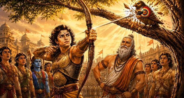 द्रोणाचार्य ने अर्जुन को बाण चलाने की अनुमति दी. जैसे ही अर्जुन ने प्रत्यंचा खींचकर बाण छोड़ा, वह सीधा गिद्ध की आँख पर जाकर लगा. सभी राजकुमार अर्जुन की अद्भुत एकाग्रता और कौशल देखकर आश्चर्यचकित रह गए. द्रोणाचार्य ने समझ लिया कि अर्जुन साधारण शिष्य नहीं, बल्कि असाधारण धनुर्धर हैं.