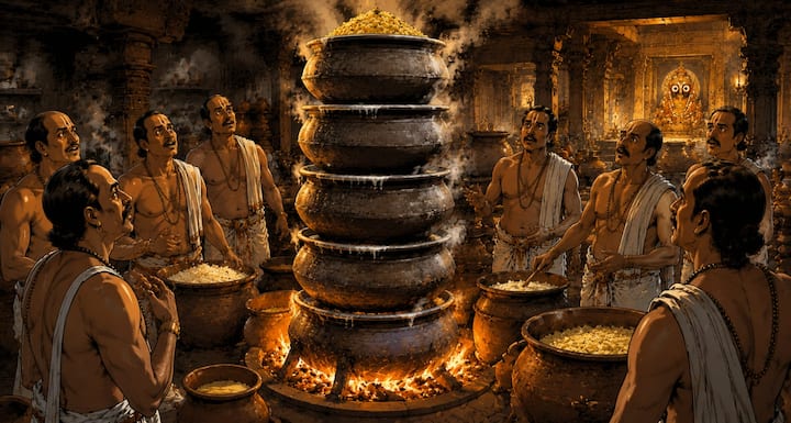 जगन्नाथ मंदिर की विशाल रसोई अपने अनोखे रहस्य के लिए प्रसिद्ध है. यहां मिट्टी के कई बर्तन एक-दूसरे के ऊपर रखकर भोजन पकाया जाता है. आश्चर्यजनक रूप से सबसे ऊपर रखा बर्तन पहले पक जाता है. सामान्य नियमों के विपरीत यह प्रक्रिया मंदिर की रसोई को दुनिया की सबसे रहस्यमयी रसोइयों में शामिल करती है.
