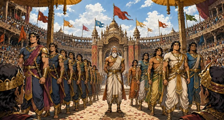 हस्तिनापुर में द्रोणाचार्य ने अपने शिष्यों के अस्त्र-शस्त्र कौशल के प्रदर्शन के लिए भव्य रंगभूमि का आयोजन किया. कौरव और पांडव राजकुमारों ने दर्शकों के सामने प्रवेश किया. महारथियों, राजपरिवार और आम जनता की मौजूदगी में सभी की निगाहें युवराजों के प्रदर्शन पर टिकी थीं.