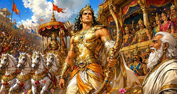 भीम और दुर्योधन के प्रदर्शन के बाद अर्जुन रंगभूमि में पहुंचे. उनके प्रवेश के साथ ही दर्शकों में उत्साह की नई लहर दौड़ गई. द्रोणाचार्य के प्रिय शिष्य अर्जुन से सभी को बड़ी उम्मीदें थीं. हर कोई उनके अद्भुत कौशल को देखने के लिए उत्सुक था.