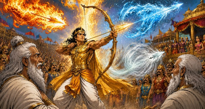 अर्जुन ने अग्नि, जल, वायु और अन्य दिव्य अस्त्रों के प्रयोग का शानदार प्रदर्शन किया. उन्होंने धनुर्विद्या में ऐसी महारत दिखाई कि पूरा हस्तिनापुर उनकी प्रशंसा करने लगा. उनके कौशल को देखकर द्रोणाचार्य गर्व से भर उठे और अर्जुन की ख्याति चारों ओर फैल गई.