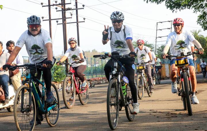 Riders participate in a bicycle rally organised on the occasion of World Environment Day, in Bhopal on Friday. (Image Source: ANI)