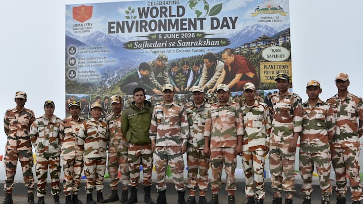 ITBP personnel pose in front of a World Environment Day banner during a plantation drive organised in collaboration with the Indian Army and the Government of Arunachal Pradesh, in Tezpur, Assam. (Image Source: IANS)
