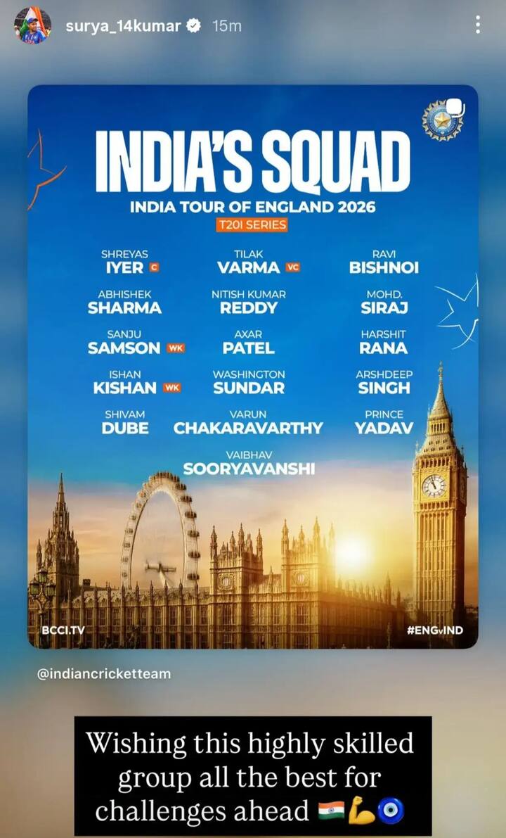 इंस्टाग्राम स्टोरीद्वारे त्याने टी-20 संघाचा फोटो शेअर करत खेळाडूंना आगामी आव्हानांसाठी शुभेच्छा दिल्या.  तसेच या संघाला 