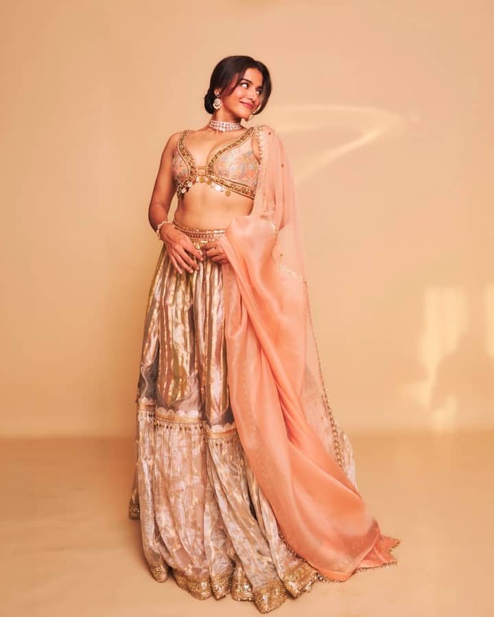 उन्होंने स्टोन और पर्ल डिटेलिंग वाला चोकर नेकलेस पहना है. इसके साथ मैचिंग झुमके और हाथ में ब्रेसलेट कैरी किया है.