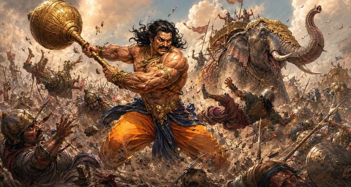 युद्ध के दौरान भीमसेन गदा लेकर शत्रु सेना पर टूट पड़े. उनके प्रहार से हाथी, घोड़े और रथों में भगदड़ मच गई. पांचाल सेना के अनेक योद्धा भयभीत हो गए. भीम के इस विकराल रूप ने पांडवों के लिए विजय का मार्ग आसान कर दिया.