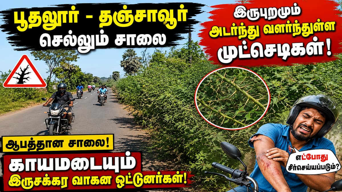 சாலையா? புதர்க்காடா? பூதலூர் - தஞ்சாவூர் பாதையில் உயிரைக் கையில் பிடித்துச் செல்லும் வாகன ஓட்டுனர்கள்!