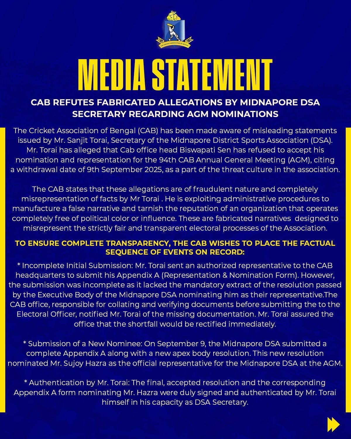 Statement by CAB