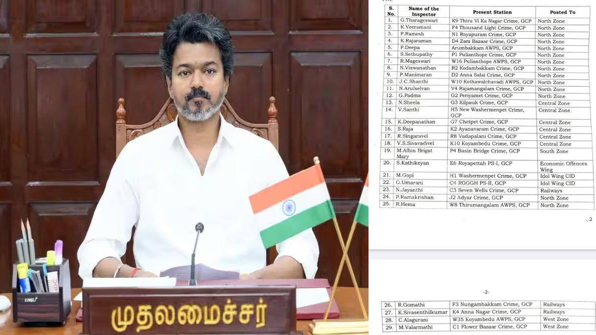 Chennai Police: சென்னை காவல்துறையை கலைத்து போட்ட CM விஜய் - 29 இன்ஸ்பெக்டர்கள் மாற்றம், உங்க ஏரியா?