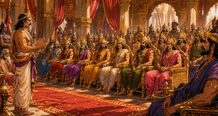 स्वयंवर सभा में उपस्थित प्रमुख राजाओं और महारथियों का परिचय कराया गया. उनके पराक्रम, वंश और उपलब्धियों का वर्णन किया गया. सभा में मौजूद सभी लोग इन वीरों को देख रहे थे और यह जानने के लिए उत्सुक थे कि आगे होने वाली परीक्षा में कौन सफल होगा.