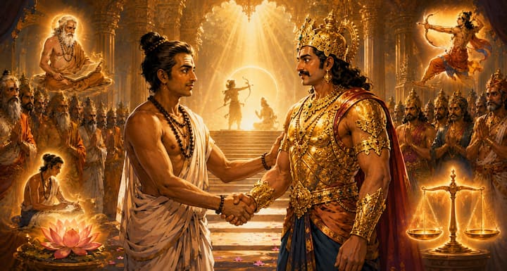 योग्यता और चरित्र ही सच्ची पहचान हैं. द्रौपदी स्वयंवर की सभा हमें सिखाती है कि बाहरी रूप, पद या वैभव से अधिक महत्वपूर्ण व्यक्ति का गुण, ज्ञान और सामर्थ्य होता है. सच्चा सम्मान उसी को मिलता है जो धैर्य, विनम्रता और योग्य कर्मों के बल पर अपनी पहचान बनाता है.