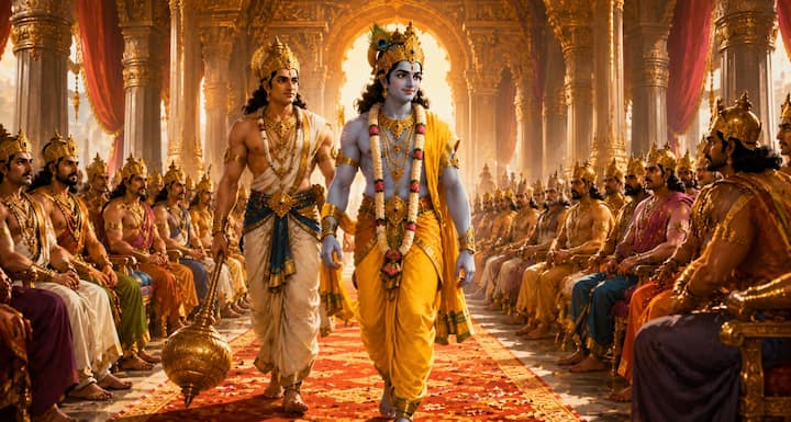द्वारका से श्रीकृष्ण और बलराम भी स्वयंवर सभा में पहुंचे. दोनों ने सभा में उपस्थित राजाओं और ब्राह्मणों का अवलोकन किया. श्रीकृष्ण की दृष्टि विशेष रूप से पांडवों पर पड़ी और उन्होंने उन्हें पहचान लिया, हालांकि पांडव उस समय ब्राह्मण वेश में थे.