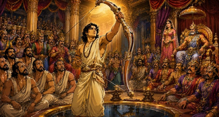 जब सभी राजाओं के प्रयास विफल हो जाते हैं, तब ब्राह्मण वेश में बैठे अर्जुन शांत भाव से उठ खड़े होते हैं. उन्हें देखकर कई राजा और दर्शक आश्चर्यचकित हो जाते हैं. किसी को विश्वास नहीं होता कि एक साधारण ब्राह्मण इस कठिन परीक्षा को पूरा कर पाएगा.