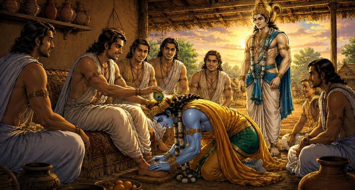 श्रीकृष्ण ने युधिष्ठिर के पास पहुंचकर उनके चरण स्पर्श किए और उन्हें आदर दिया. भगवान होते हुए भी उनका यह विनम्र व्यवहार सभी के लिए प्रेरणा बना. यह दृश्य बताता है कि महानता कभी अहंकार नहीं लाती, बल्कि सम्मान और नम्रता के रूप में प्रकट होती है.