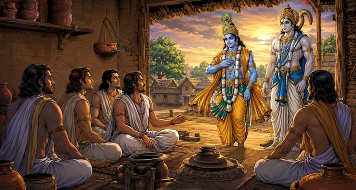 After Draupadi Swayamvar, when Pandavas were living secretly in the potter's house, Shri Krishna and Balram came to meet them. They knew that these were not ordinary Brahmins, but Pandavas, protectors of religion. His arrival was not just a meeting, but a sign of standing in favor of religion and truth.