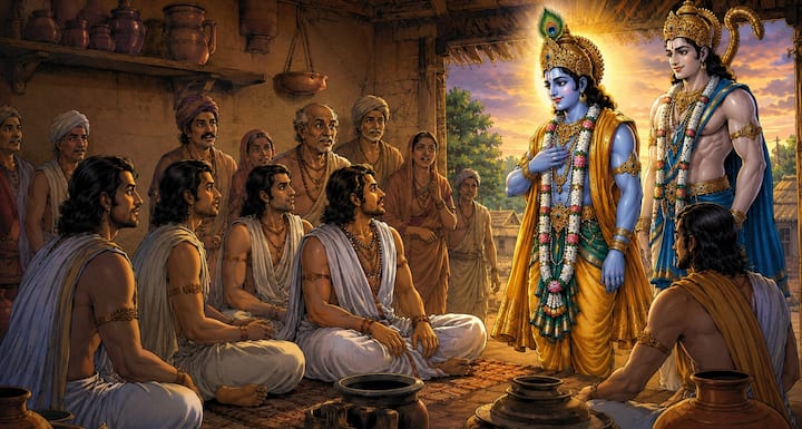 Pandavas were sitting in the potter's house disguised as ordinary Brahmins. No one present there could know his real identity, but Shri Krishna recognized him immediately. He showed that true vision does not recognize the external appearance, but the character, brilliance and qualities of the person.