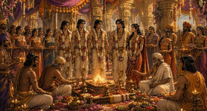 पांडवों की पहचान स्पष्ट होने के बाद विवाह की चर्चा आगे बढ़ी. शुभ मुहूर्त में वैदिक रीति-रिवाजों के अनुसार विवाह संस्कार संपन्न करने का निर्णय लिया गया. पूरे राजमहल में उत्सव का वातावरण था और सभी इस शुभ अवसर की तैयारी में जुट गए.