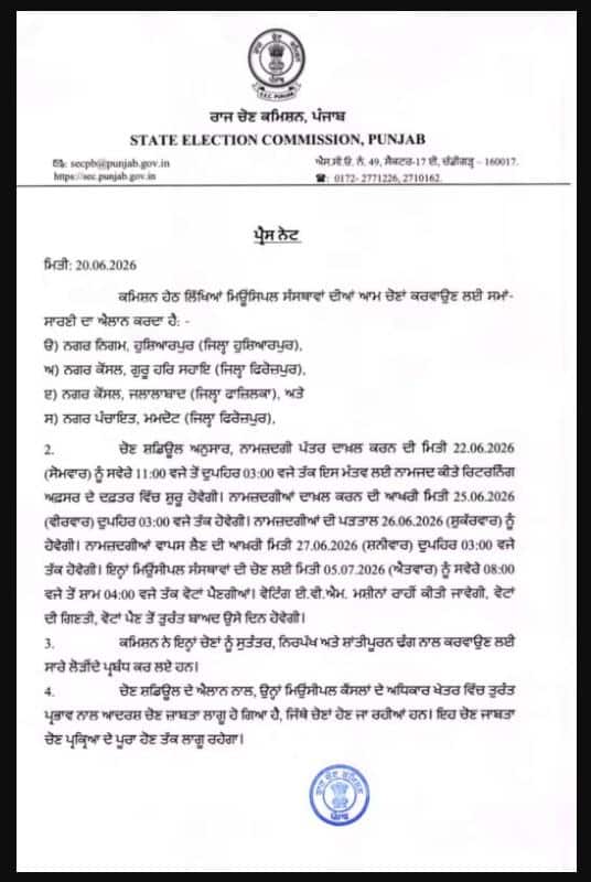 Punjab News: ਪੰਜਾਬ ਸਿਆਸਤ ਤੋਂ ਵੱਡੀ ਖਬਰ, ਚੋਣਾਂ ਦਾ ਹੋਇਆ ਐਲਾਨ; ਨੋਟੀਫਿਕੇਸ਼ਨ ਜਾਰੀ...