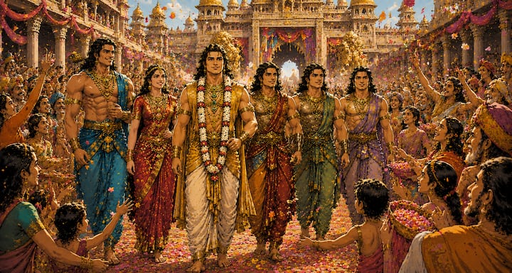 पांडवों के आगमन पर हस्तिनापुर को दुल्हन की तरह सजाया गया. सड़कों पर फूल बिछाए गए, घरों को सजाया गया और लोगों ने उत्साहपूर्वक उनका स्वागत किया. नगरवासियों की खुशी यह दर्शा रही थी कि वे पांडवों को राज्य का भविष्य और आशा का प्रतीक मानते थे.