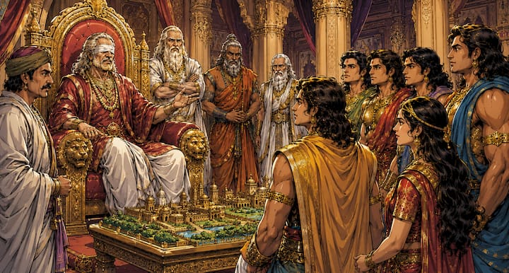 विदुर, भीष्म और अन्य वरिष्ठों की सलाह पर धृतराष्ट्र ने पांडवों को आधा राज्य देने का निर्णय लिया. यह फैसला राज्य में शांति बनाए रखने और कौरव-पांडव संघर्ष को टालने के लिए लिया गया. युधिष्ठिर ने इसे विनम्रता से स्वीकार किया और धर्म के मार्ग पर चलने का संकल्प लिया.