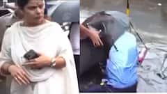 Mumbai Rain Ritu Tawde: इकडे महापौर रितू तावडे नालेसफाईचं कौतुक सांगत होत्या अन् मागे BMC चा अधिकारीच मॅनहोलमध्ये पडला