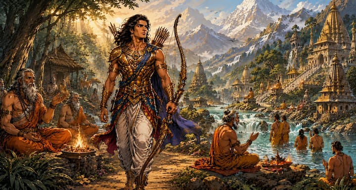 During his exile, Arjun visited many holy places of pilgrimage. They reached rivers, ashrams and holy places of sages. This journey gave him spiritual strength and deep life experiences.