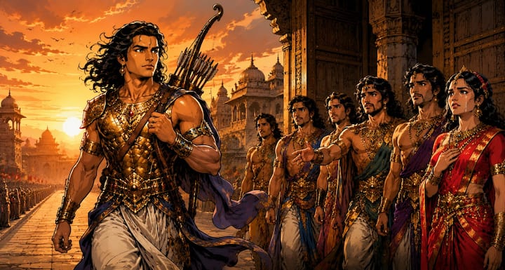 Following Yudhishthir's orders, Arjun accepted exile. He left his brothers and royal pleasures and chose the path of religion. Despite the pain in his heart, he considered duty supreme and set out for pilgrimage.