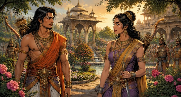 मणिपुर में अर्जुन की भेंट राजा चित्रवाहन की पुत्री चित्रांगदा से हुई. चित्रांगदा केवल रूपवान ही नहीं, बल्कि साहसी, युद्धकला में निपुण और अपने राज्य की योग्य उत्तराधिकारी भी थीं. उनकी प्रतिभा और व्यक्तित्व ने अर्जुन को गहराई से प्रभावित किया.