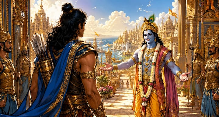 वनवास के दौरान तीर्थयात्रा करते हुए अर्जुन द्वारका पहुंचे. श्रीकृष्ण को जब उनके आगमन का समाचार मिला तो उन्होंने बड़े प्रेम और सम्मान के साथ उनका स्वागत किया. दोनों मित्रों ने लंबे समय बाद मिलकर अपने अनुभव साझा किए और कुछ दिन साथ बिताने का निर्णय लिया.