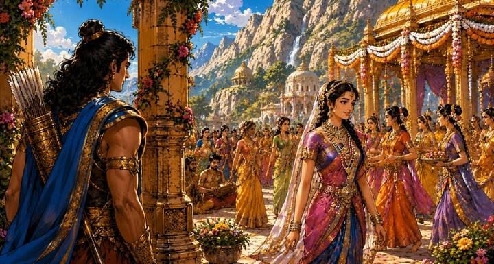 श्रीकृष्ण अर्जुन को रैवतक पर्वत पर आयोजित भव्य उत्सव में लेकर गए. वहां यदुवंशी राजकुमारों और राजकुमारियों के बीच सुभद्रा भी उपस्थित थीं. पहली बार सुभद्रा को देखकर अर्जुन उनके सौंदर्य, विनम्रता और तेज से अत्यंत प्रभावित हो गए.