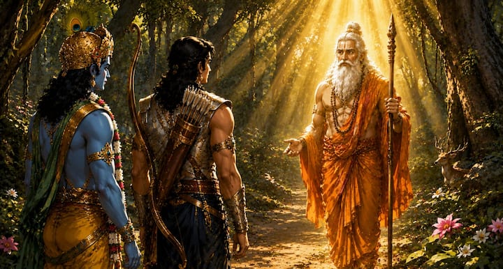 वन में भ्रमण के दौरान श्रीकृष्ण और अर्जुन के सामने एक तेजस्वी ब्राह्मण आया. उसका तेज सामान्य मनुष्य से कहीं अधिक था. उसने दोनों वीरों का सम्मानपूर्वक अभिवादन किया और सहायता की प्रार्थना की. उसकी वाणी और व्यक्तित्व देखकर दोनों समझ गए कि यह कोई साधारण ब्राह्मण नहीं है.